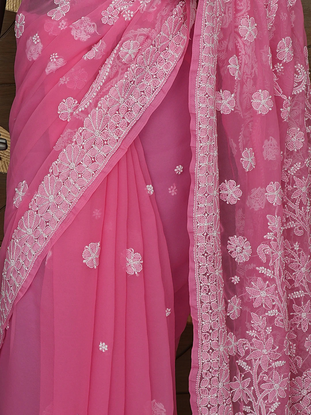 Ada Hand Embroidered Pink Georgette Lucknowi Chikankari Saree With Blouse 01A865785