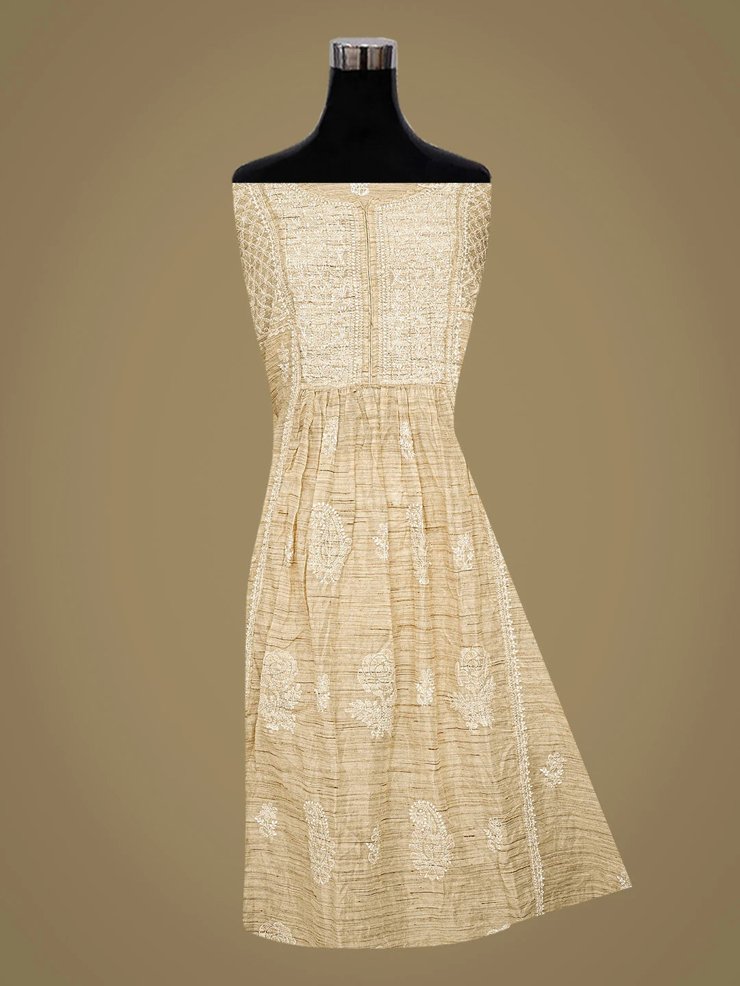 Ada Hand Embroidered Fawn Chanderi Lucknowi Chikankari Semi-Stitched Kurta Dupatta Set 01A762427