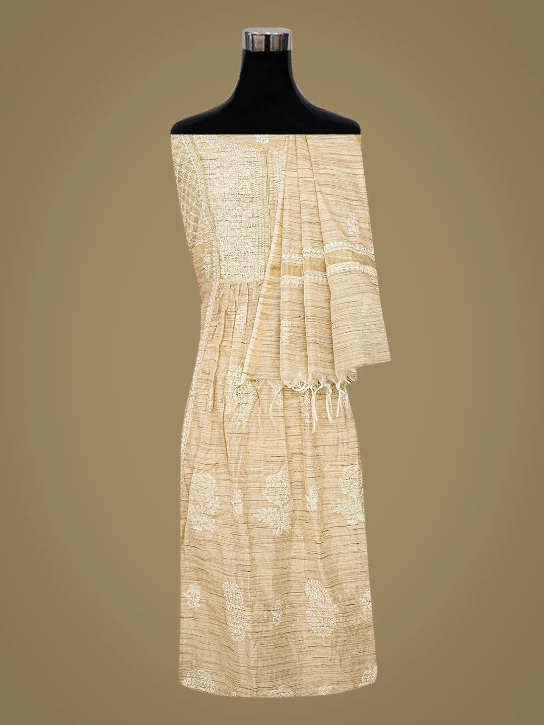 Ada Hand Embroidered Fawn Chanderi Lucknowi Chikankari Semi-Stitched Kurta Dupatta Set 01A762427