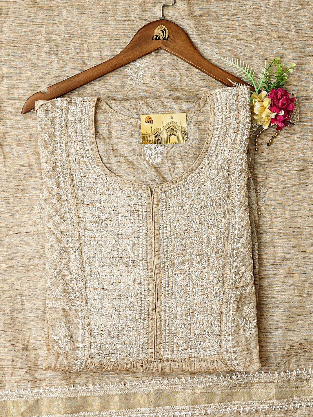 Ada Hand Embroidered Fawn Chanderi Lucknowi Chikankari Semi-Stitched Kurta Dupatta Set 01A762427