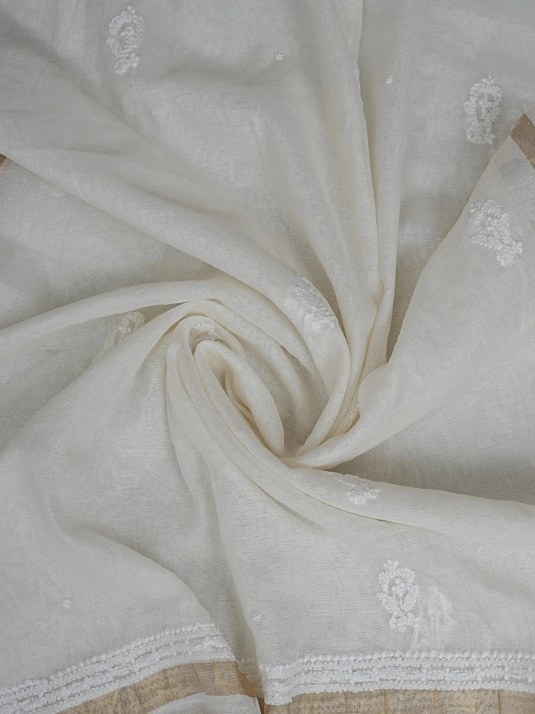 Ada Hand Embroidered White Chanderi Lucknowi Chikankari Semi-Stitched Anarkali Dupatta Set With Pearl Work 01A813716