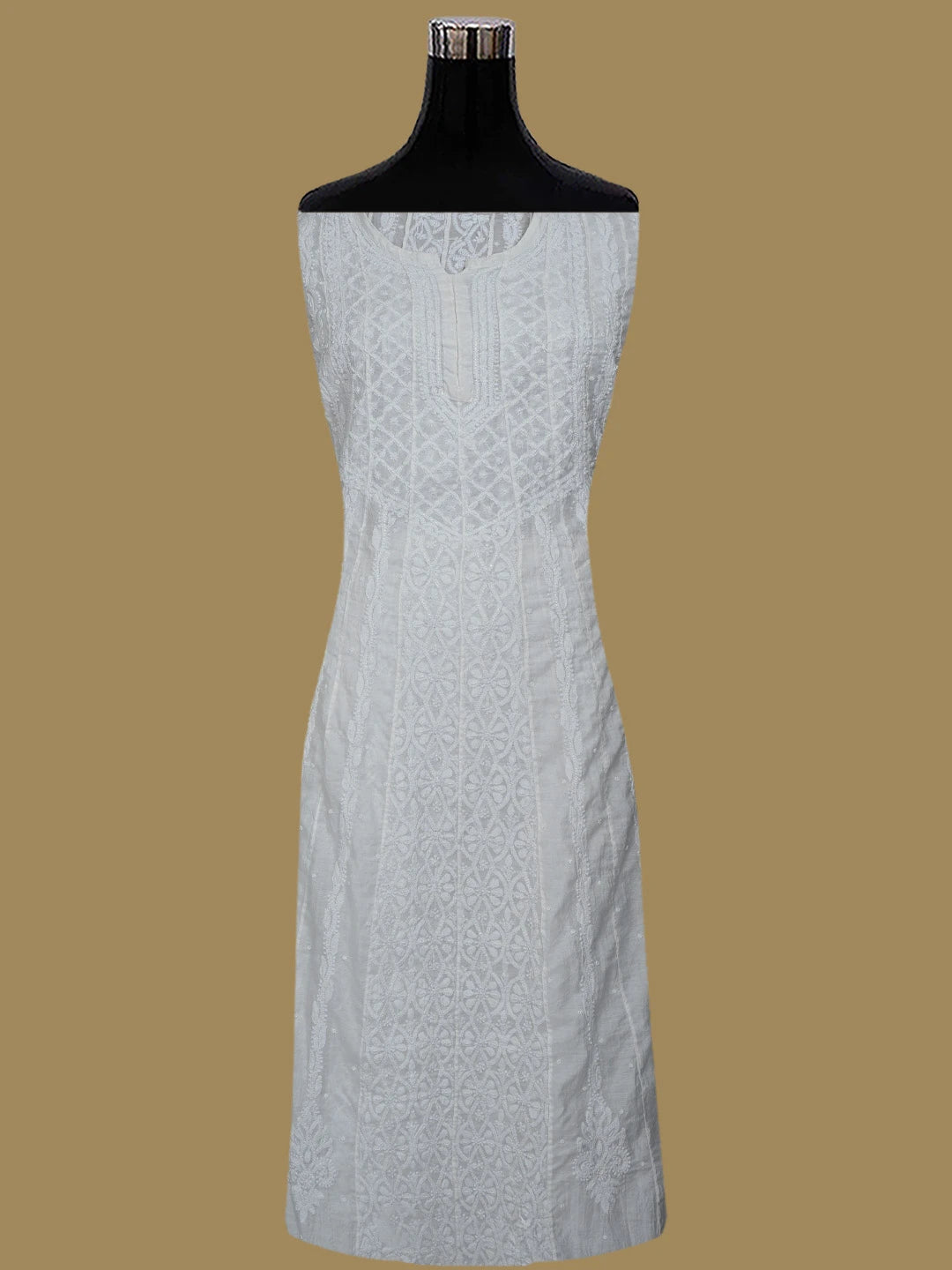 Ada Hand Embroidered White Chanderi Lucknowi Chikankari Semi-Stitched Anarkali Dupatta Set With Pearl Work 01A813716