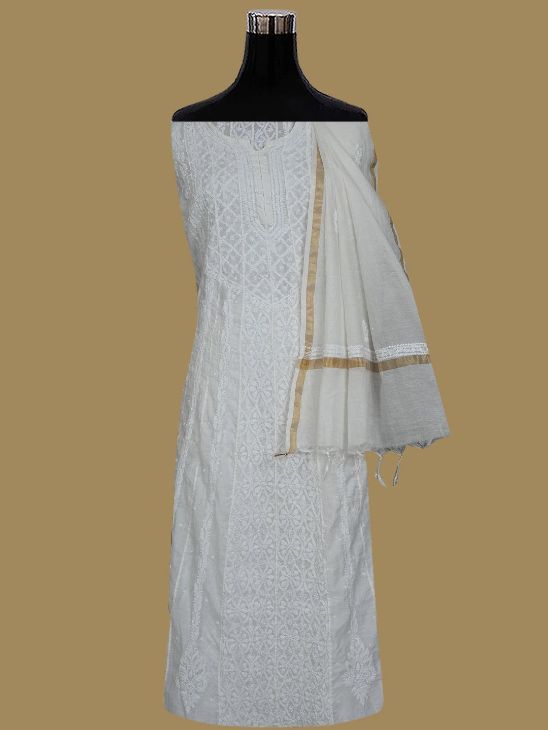 Ada Hand Embroidered White Chanderi Lucknowi Chikankari Semi-Stitched Anarkali Dupatta Set With Pearl Work 01A813716