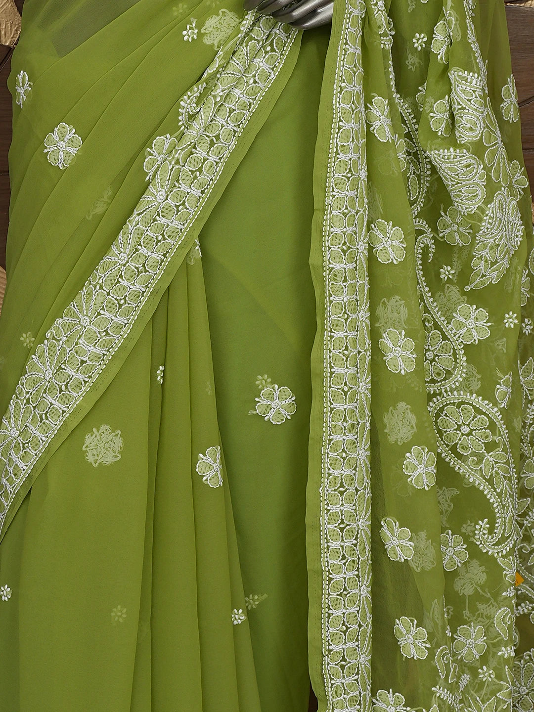 Ada Hand Embroidered Green Georgette Lucknowi Chikankari Saree With Blouse 01A865757