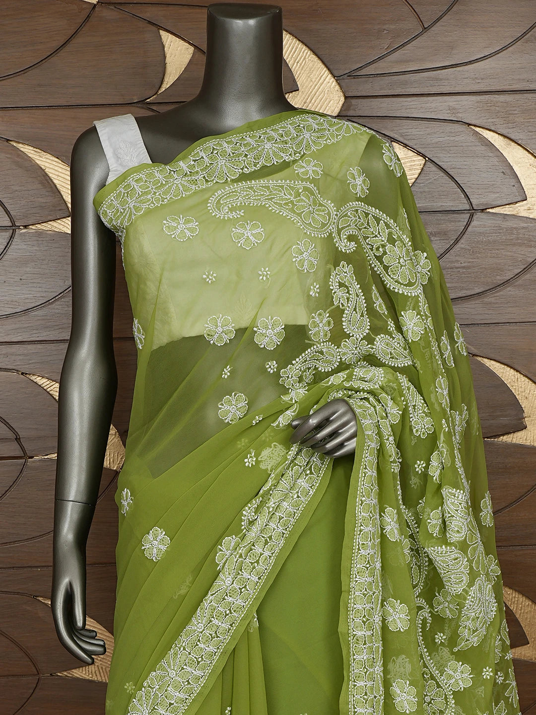 Ada Hand Embroidered Green Georgette Lucknowi Chikankari Saree With Blouse 01A865757