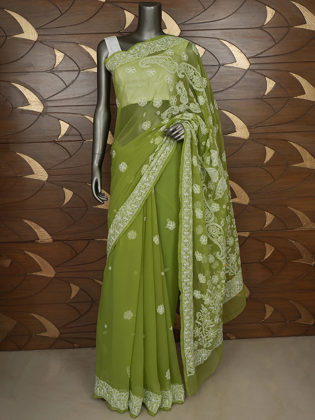 Ada Hand Embroidered Green Georgette Lucknowi Chikankari Saree With Blouse 01A865757