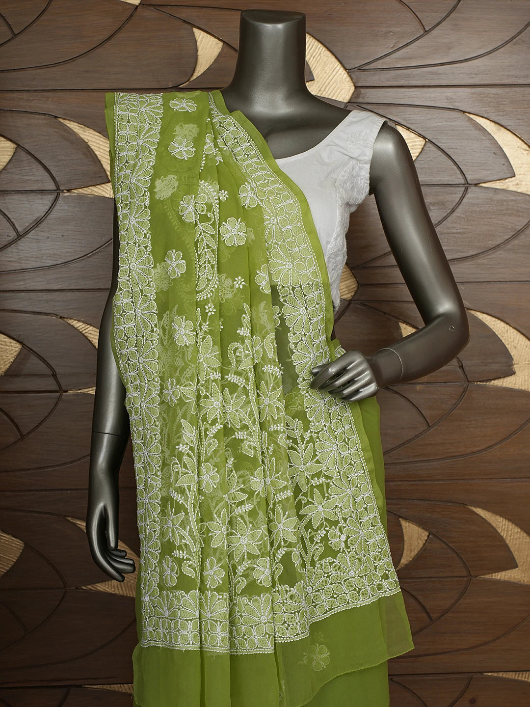 Ada Hand Embroidered Green Georgette Lucknowi Chikankari Saree With Blouse 01A865757