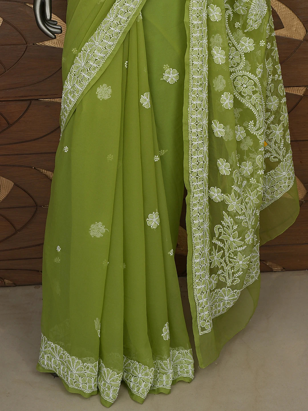 Ada Hand Embroidered Green Georgette Lucknowi Chikankari Saree With Blouse 01A865757