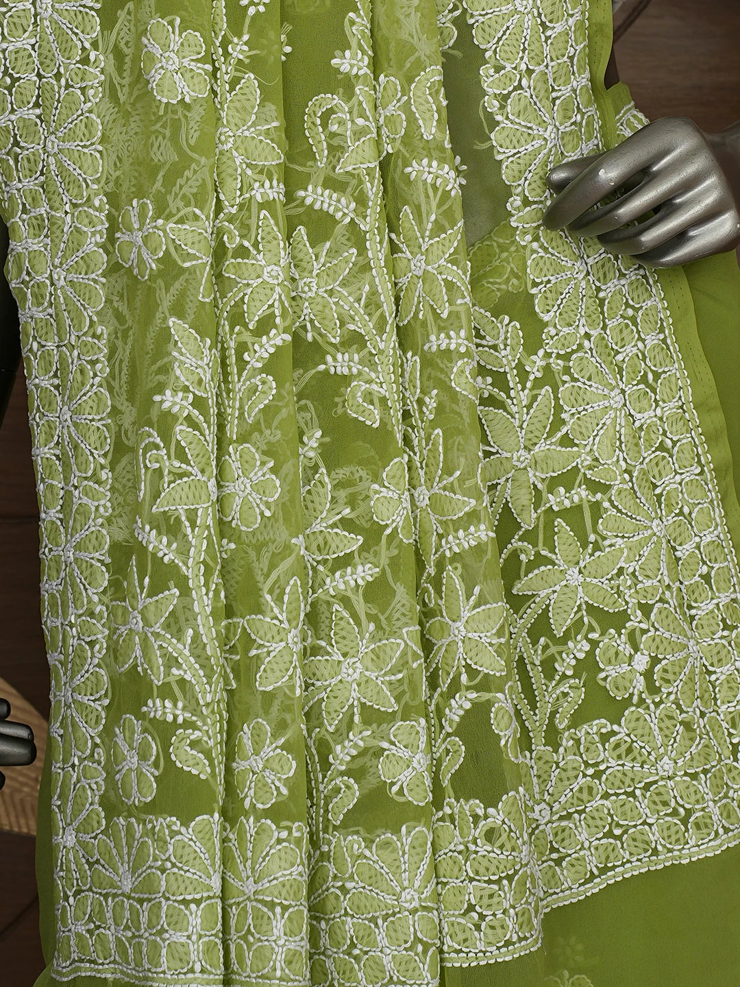 Ada Hand Embroidered Green Georgette Lucknowi Chikankari Saree With Blouse 01A865757