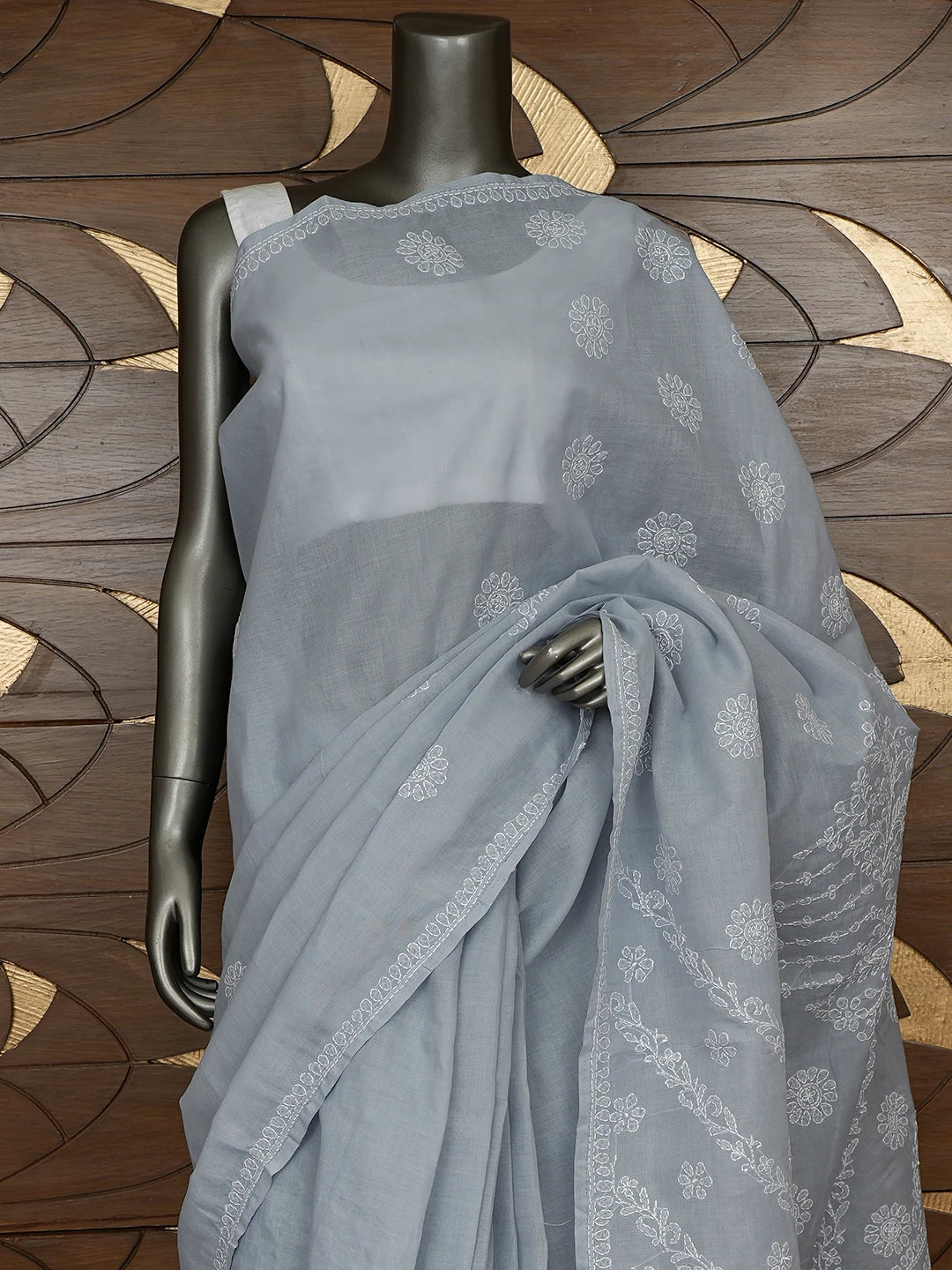 Ada Hand Embroidered Grey Cotton Lucknowi Chikankari Saree and Blouse 01A866207