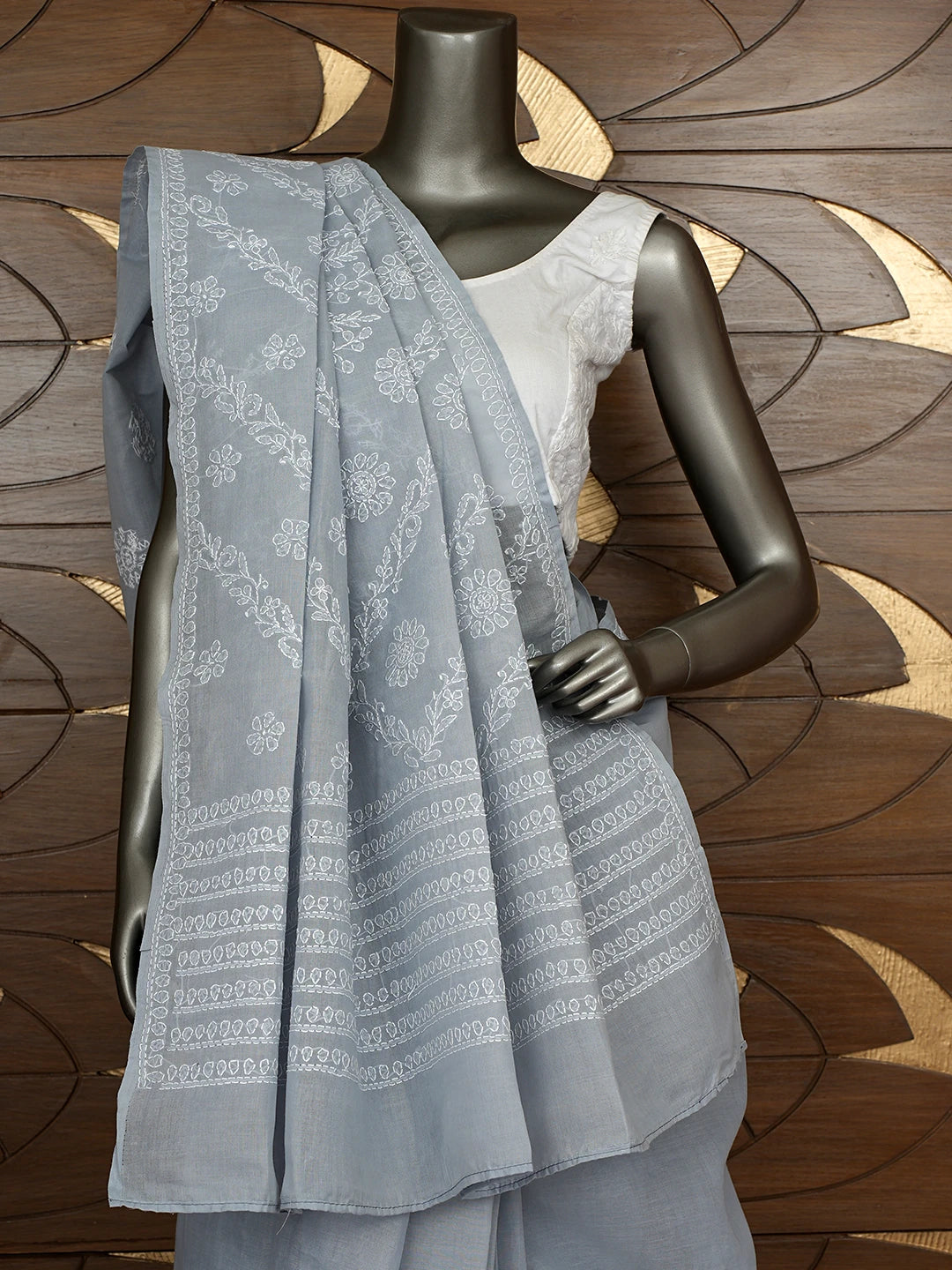Ada Hand Embroidered Grey Cotton Lucknowi Chikankari Saree and Blouse 01A866207