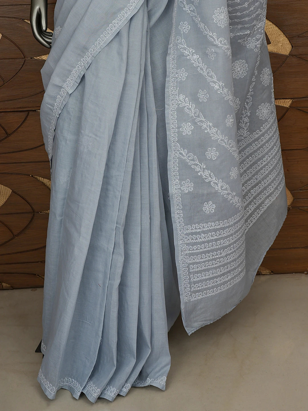 Ada Hand Embroidered Grey Cotton Lucknowi Chikankari Saree and Blouse 01A866207