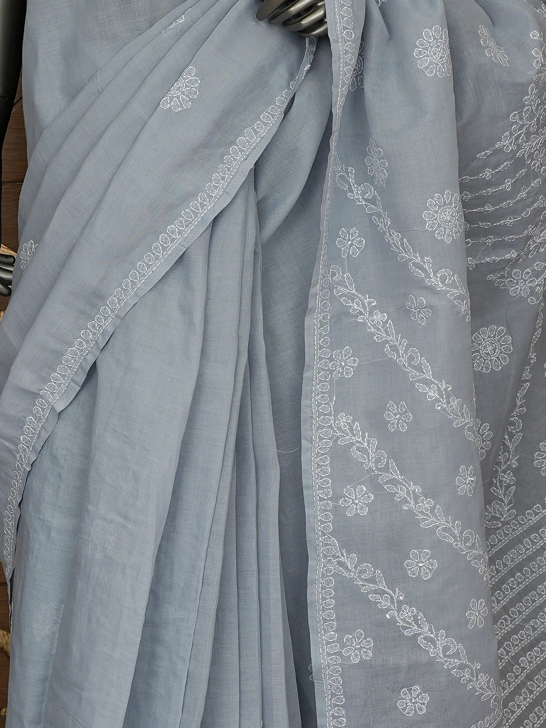 Ada Hand Embroidered Grey Cotton Lucknowi Chikankari Saree and Blouse 01A866207