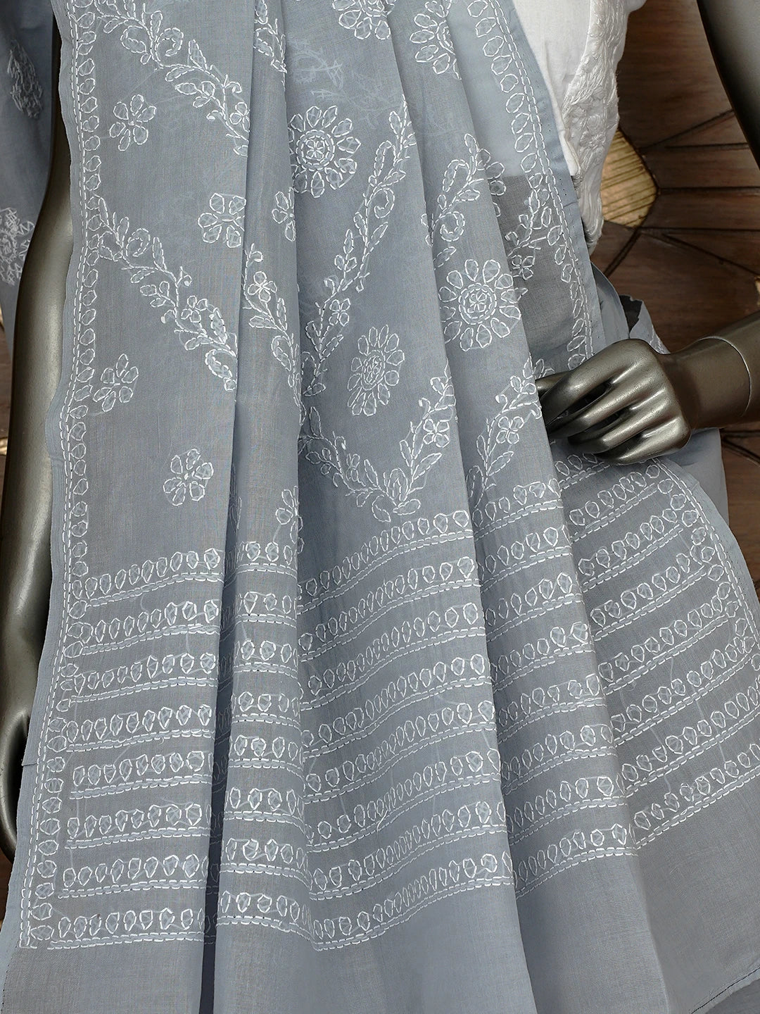 Ada Hand Embroidered Grey Cotton Lucknowi Chikankari Saree and Blouse 01A866207