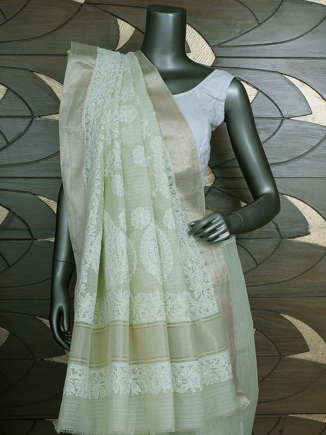 Ada Hand Embroidered Tea Green Chanderi Lucknowi Chikankari Saree With Blouse 01A863307