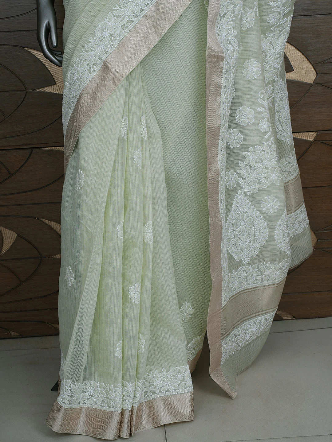 Ada Hand Embroidered Tea Green Chanderi Lucknowi Chikankari Saree With Blouse 01A863307
