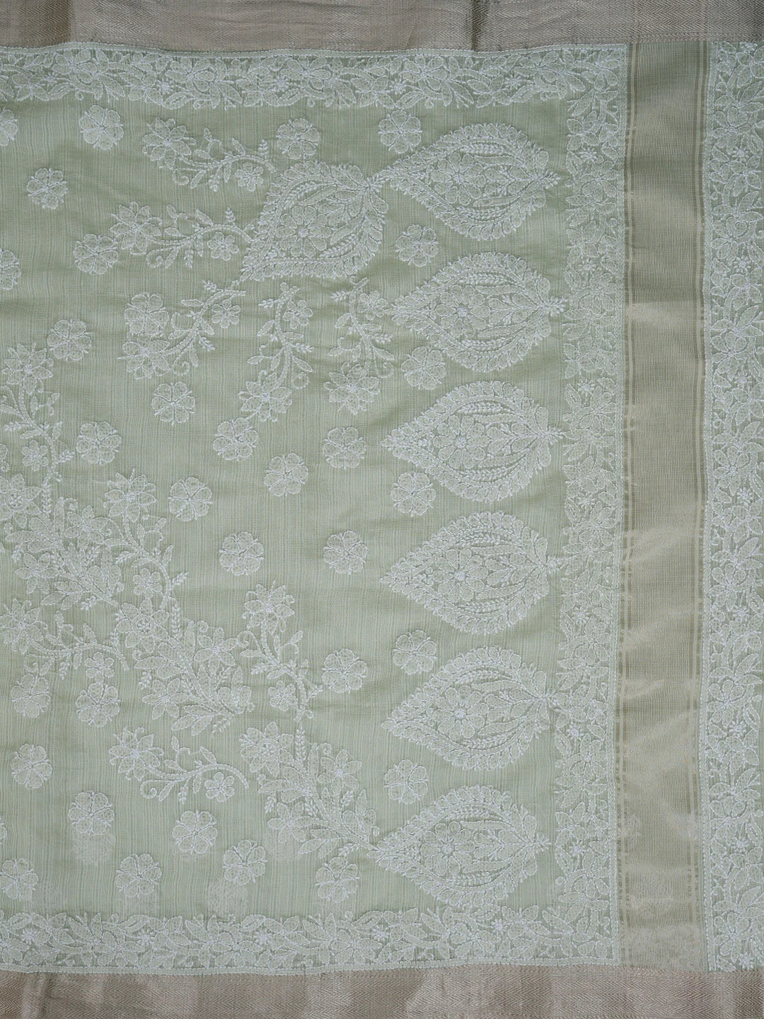 Ada Hand Embroidered Tea Green Chanderi Lucknowi Chikankari Saree With Blouse 01A863307