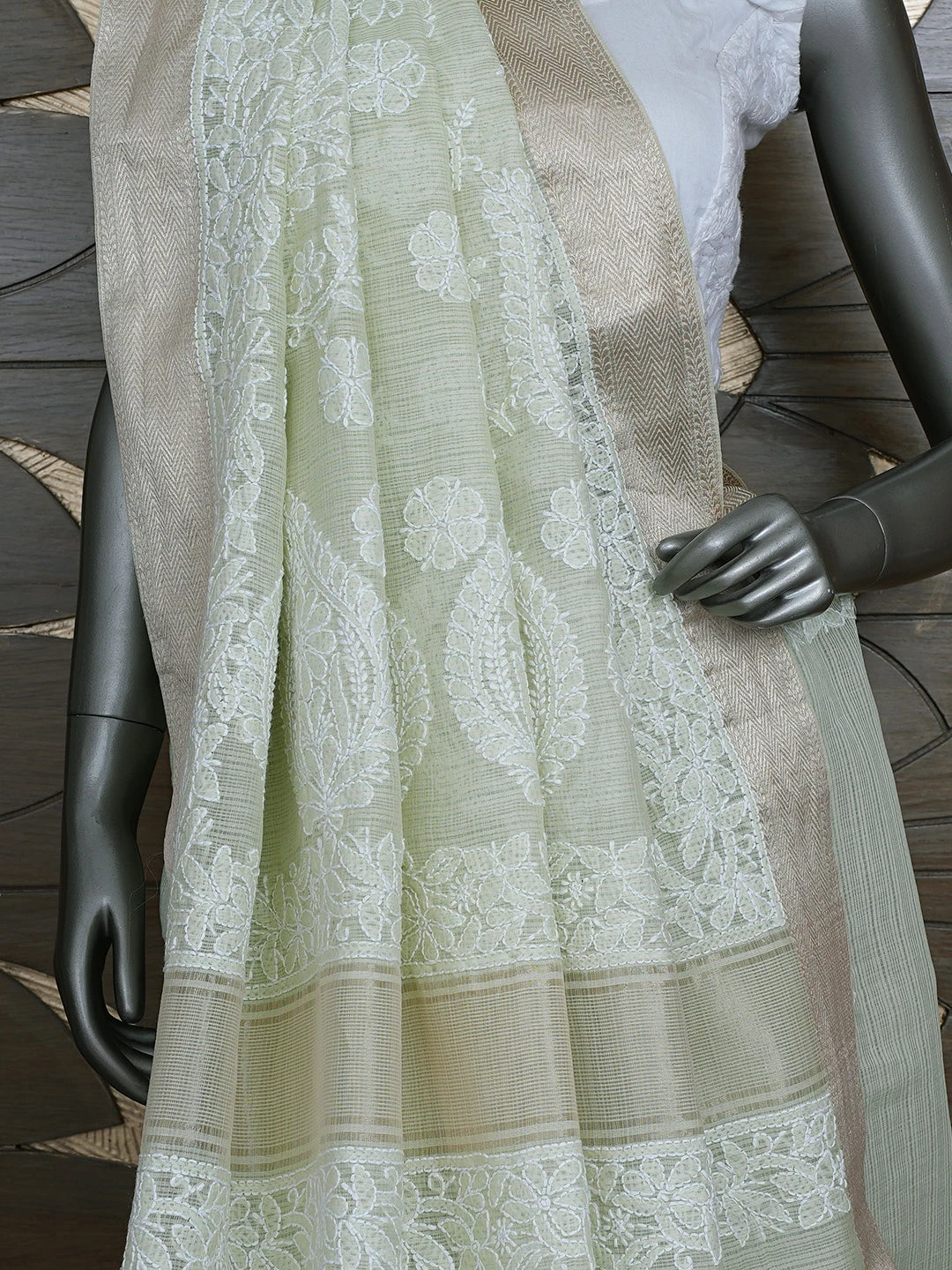 Ada Hand Embroidered Tea Green Chanderi Lucknowi Chikankari Saree With Blouse 01A863307