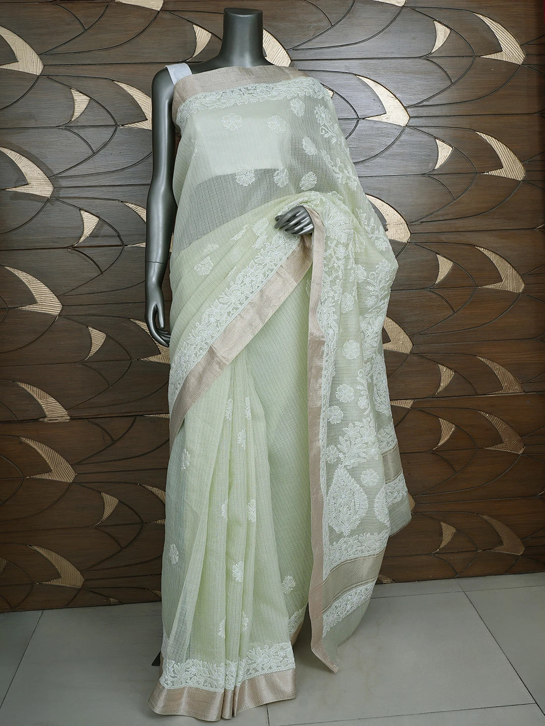 Ada Hand Embroidered Tea Green Chanderi Lucknowi Chikankari Saree With Blouse 01A863307