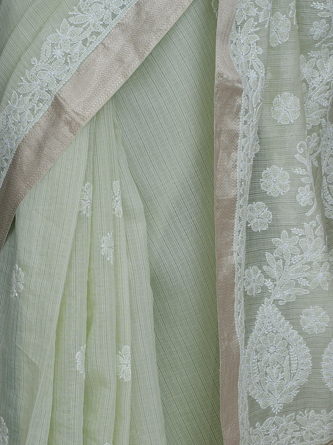 Ada Hand Embroidered Tea Green Chanderi Lucknowi Chikankari Saree With Blouse 01A863307