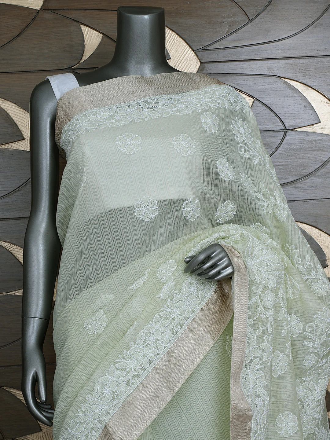 Ada Hand Embroidered Tea Green Chanderi Lucknowi Chikankari Saree With Blouse 01A863307
