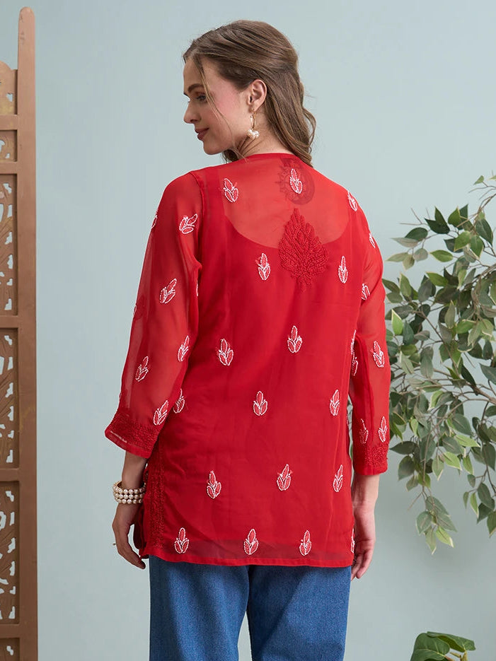 Ada Hand Embroidered Red Georgette Lucknowi Chikankari Short Kurti A911514