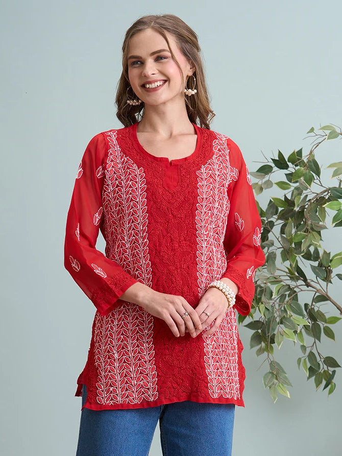 Ada Hand Embroidered Red Georgette Lucknowi Chikankari Short Kurti A911514