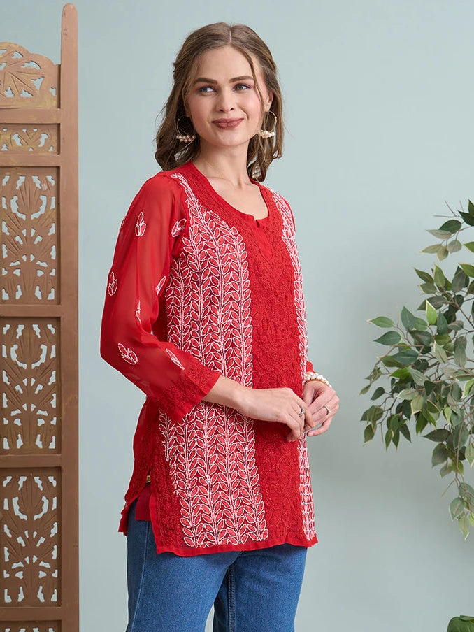 Ada Hand Embroidered Red Georgette Lucknowi Chikankari Short Kurti A911514
