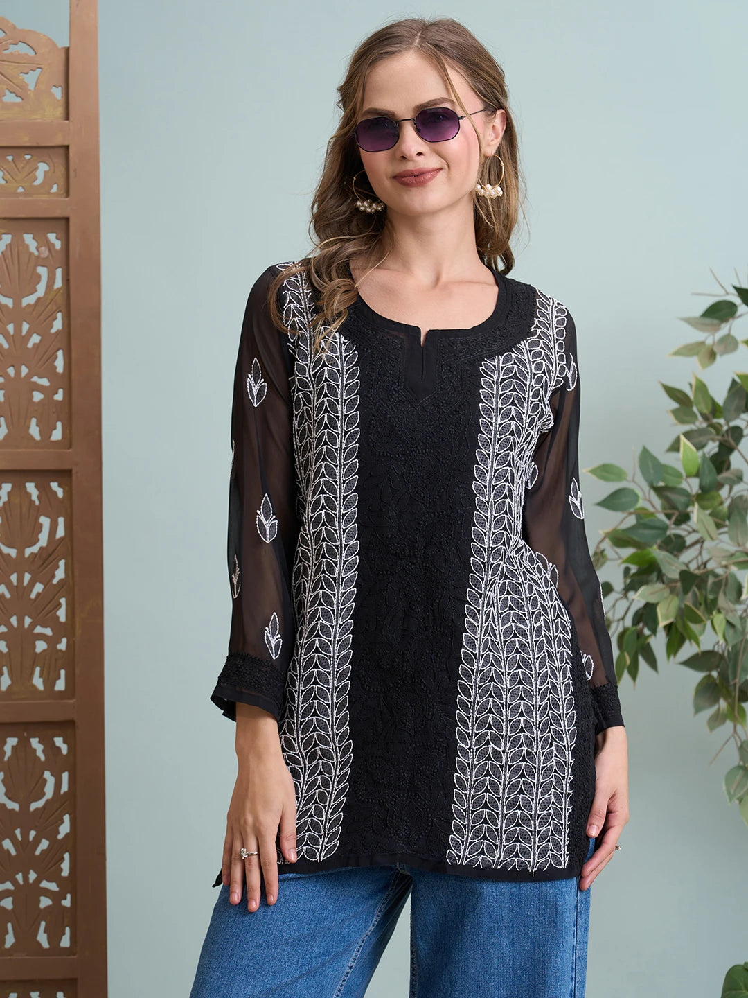 Ada Hand Embroidered Black Georgette Lucknowi Chikankari Short Kurti A911516