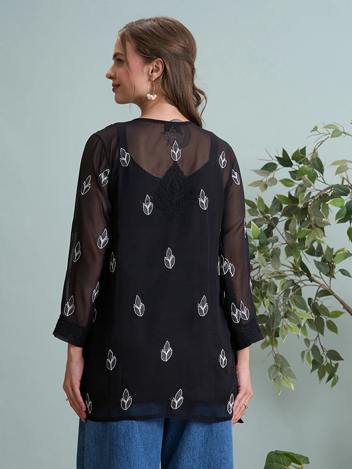 Ada Hand Embroidered Black Georgette Lucknowi Chikankari Short Kurti A911516