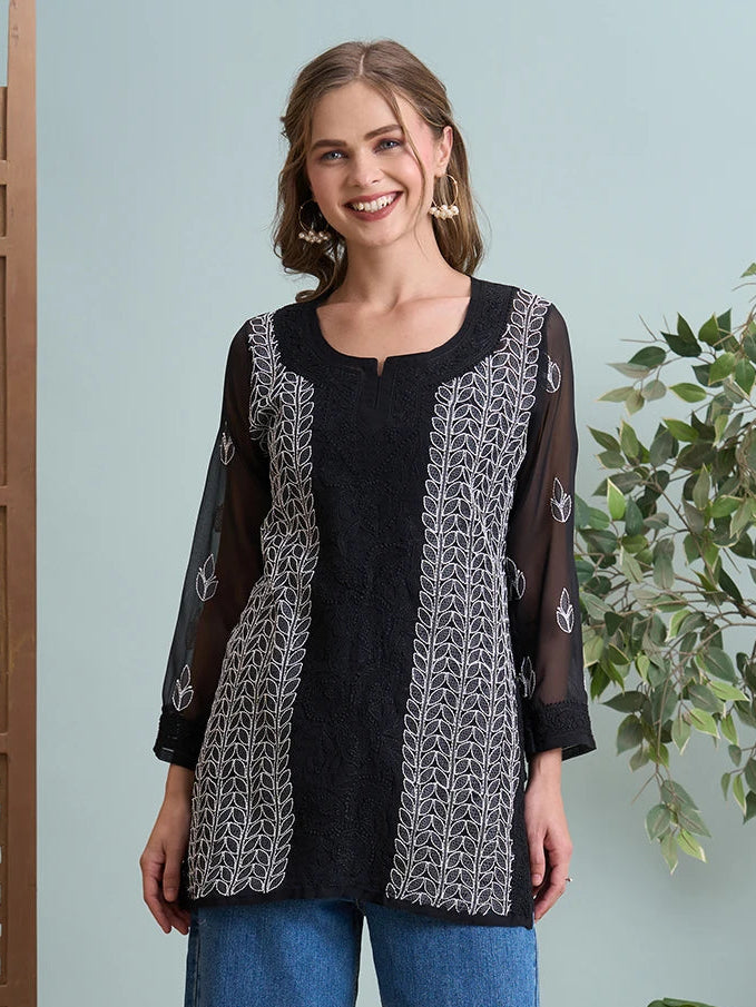 Ada Hand Embroidered Black Georgette Lucknowi Chikankari Short Kurti A911516