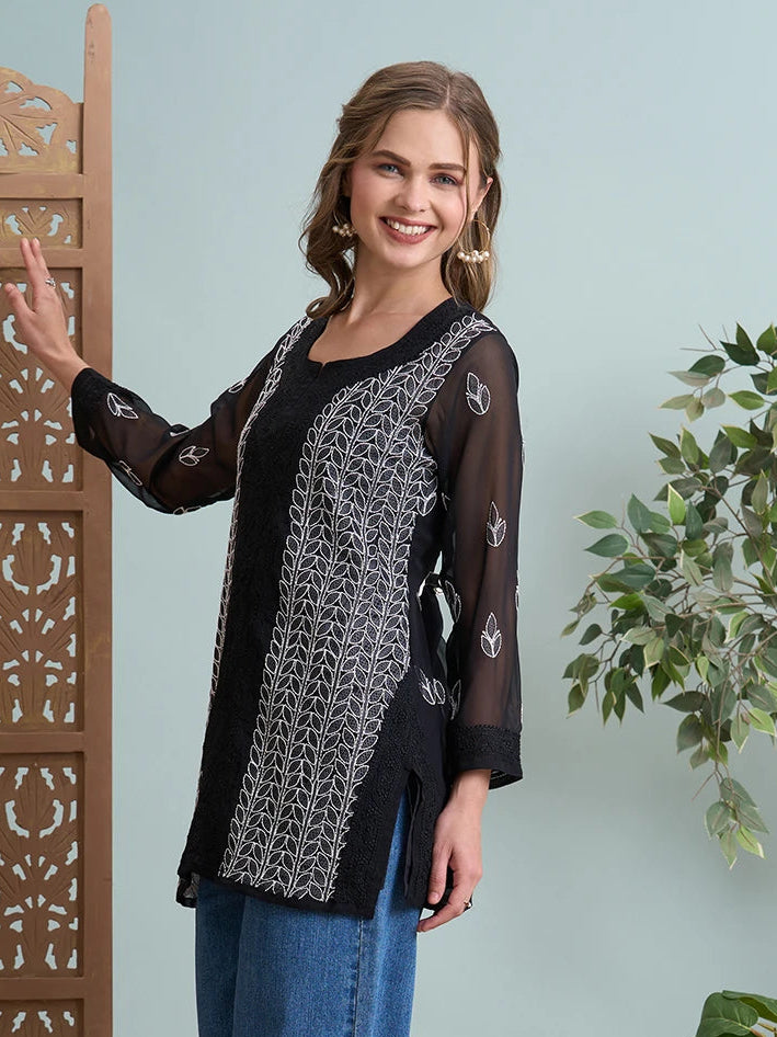 Ada Hand Embroidered Black Georgette Lucknowi Chikankari Short Kurti A911516
