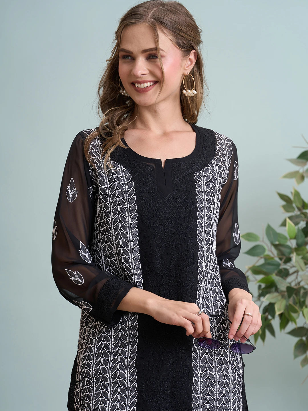 Ada Hand Embroidered Black Georgette Lucknowi Chikankari Short Kurti A911516