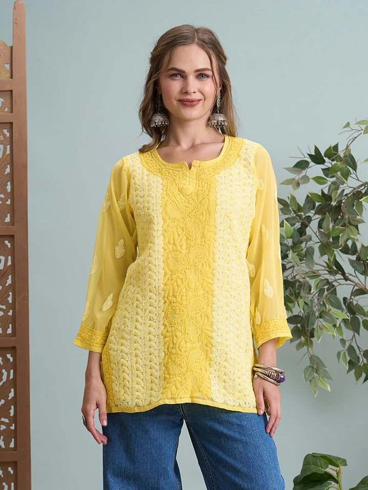 Ada Hand Embroidered Yellow Georgette Lucknowi Chikankari Short Kurti A911517