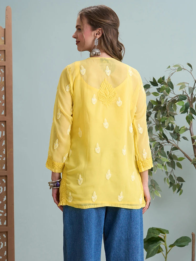 Ada Hand Embroidered Yellow Georgette Lucknowi Chikankari Short Kurti A911517