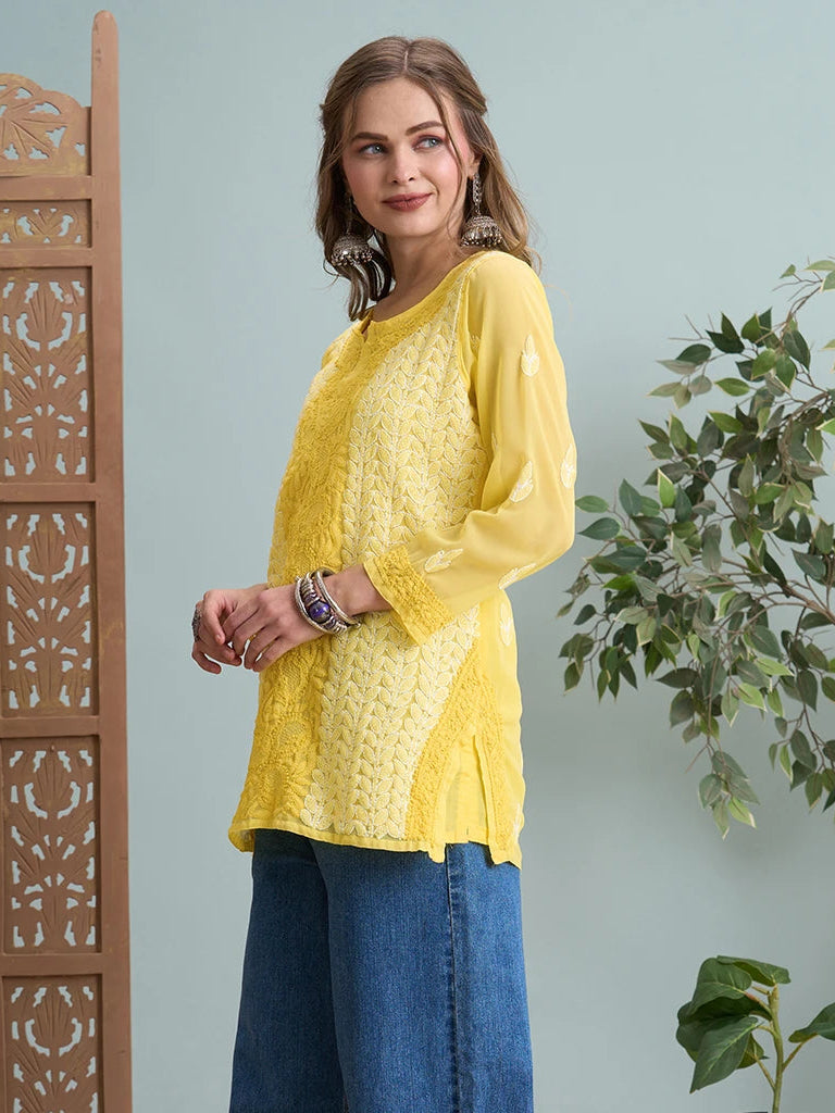 Ada Hand Embroidered Yellow Georgette Lucknowi Chikankari Short Kurti A911517