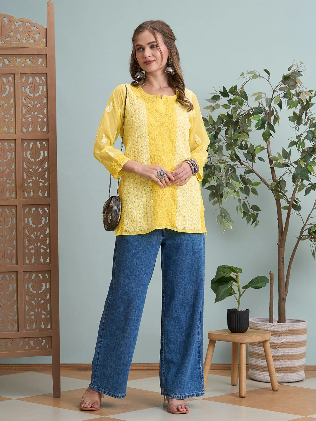 Ada Hand Embroidered Yellow Georgette Lucknowi Chikankari Short Kurti A911517
