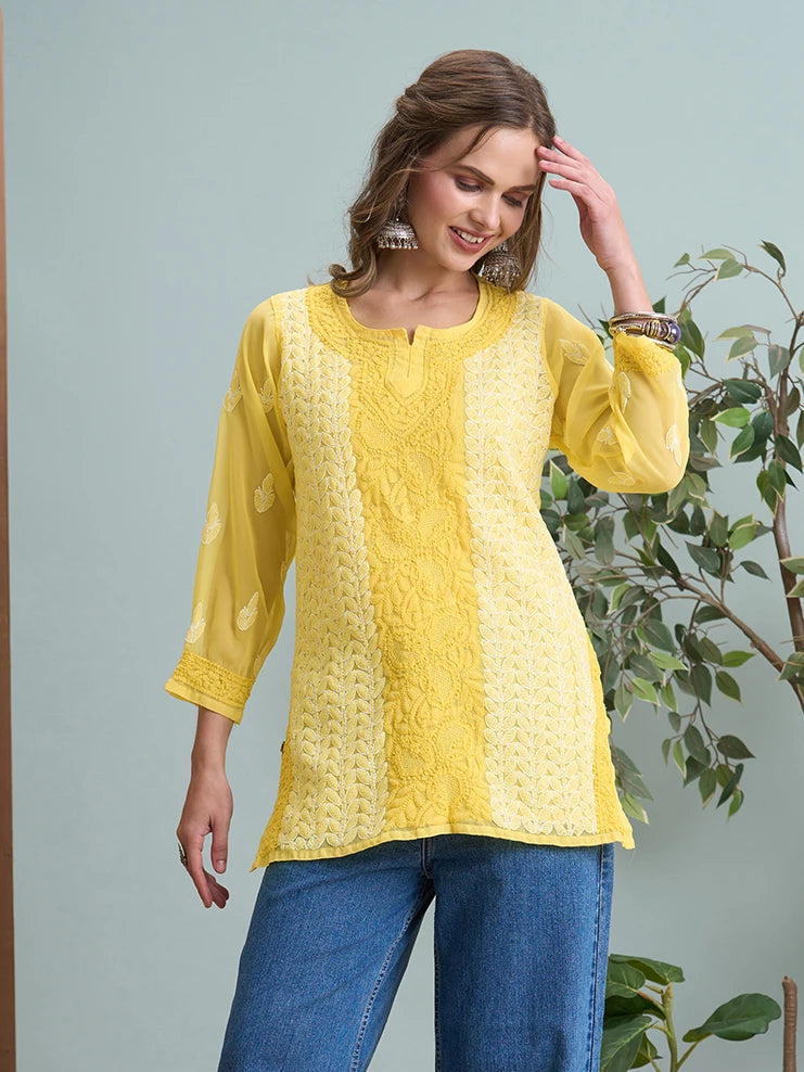 Ada Hand Embroidered Yellow Georgette Lucknowi Chikankari Short Kurti A911517