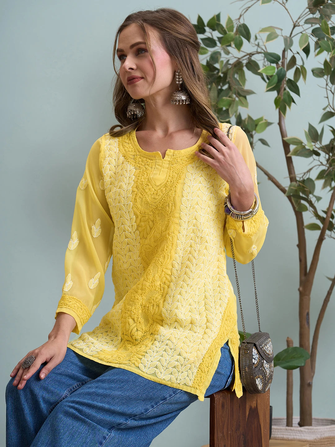 Ada Hand Embroidered Yellow Georgette Lucknowi Chikankari Short Kurti A911517