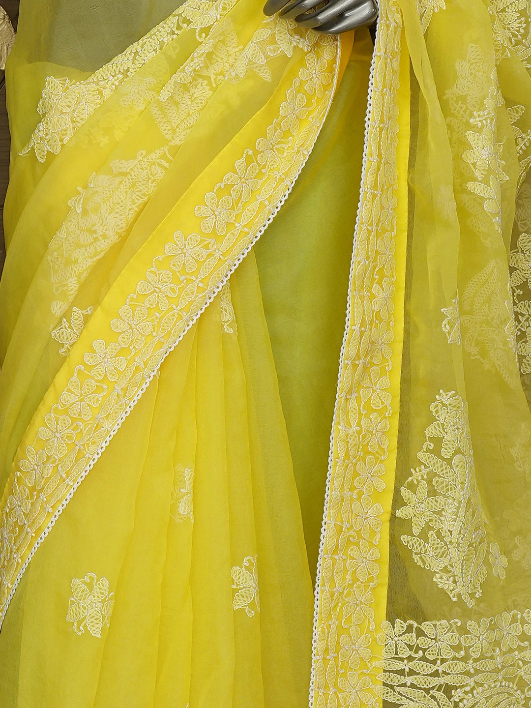 Ada Hand Embroidered Yellow Organza Lucknowi Chikankari Saree and Blouse 01A818239