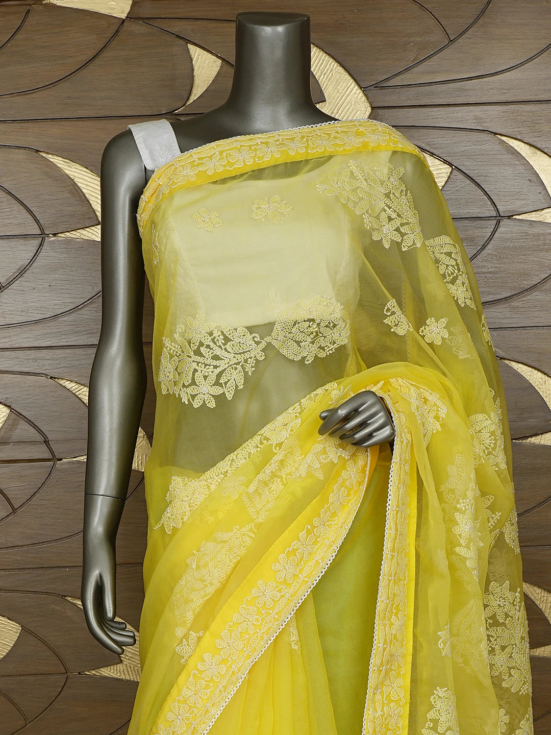 Ada Hand Embroidered Yellow Organza Lucknowi Chikankari Saree and Blouse 01A818239