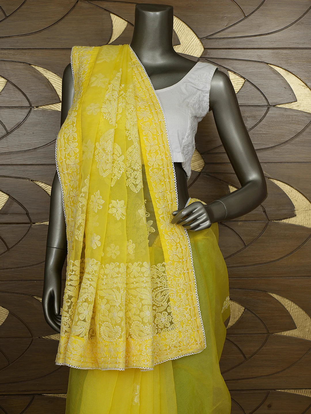 Ada Hand Embroidered Yellow Organza Lucknowi Chikankari Saree and Blouse 01A818239