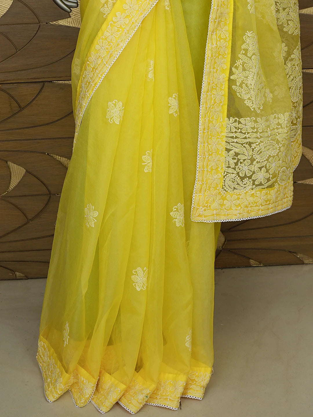 Ada Hand Embroidered Yellow Organza Lucknowi Chikankari Saree and Blouse 01A818239
