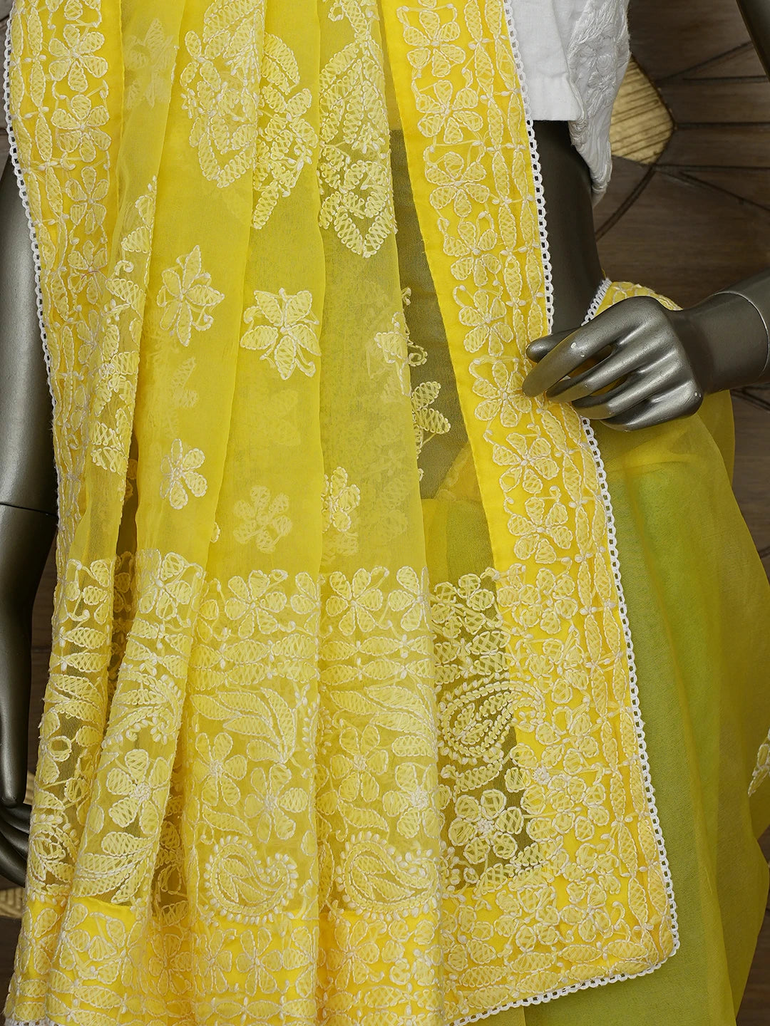 Ada Hand Embroidered Yellow Organza Lucknowi Chikankari Saree and Blouse 01A818239