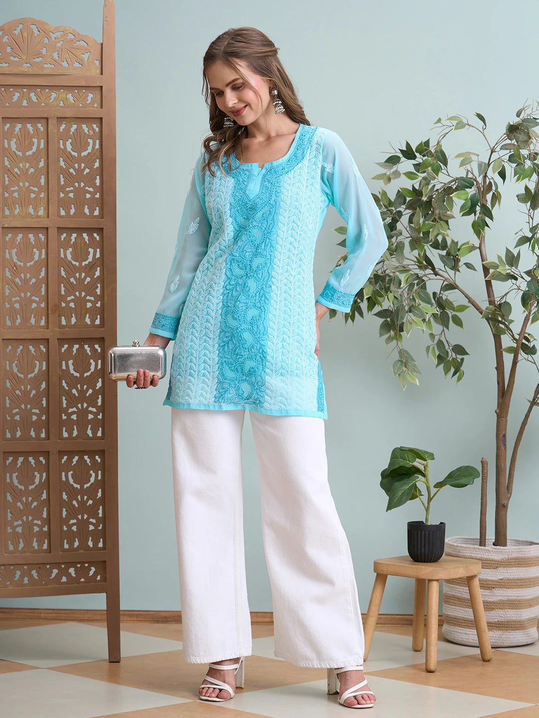 Ada Hand Embroidered Blue Georgette Lucknowi Chikankari Short Kurti A911519