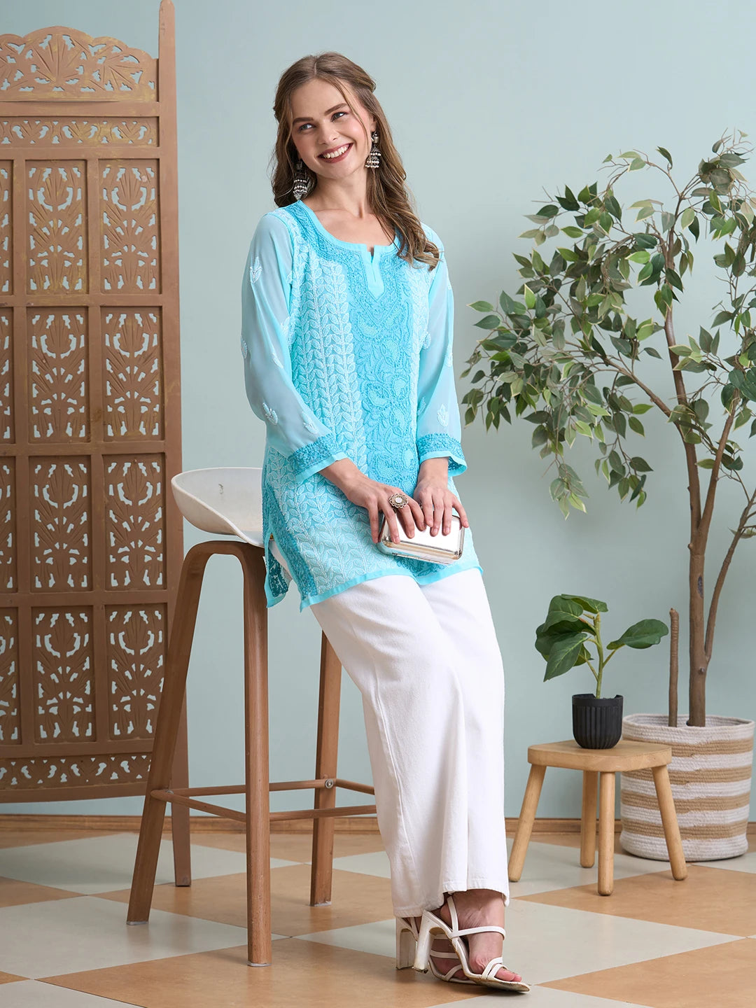 Ada Hand Embroidered Blue Georgette Lucknowi Chikankari Short Kurti A911519