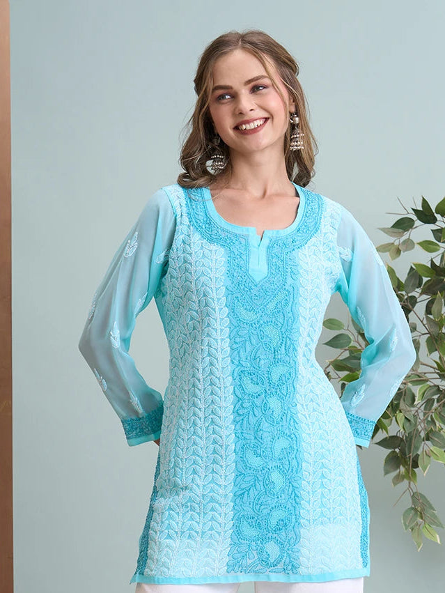 Ada Hand Embroidered Blue Georgette Lucknowi Chikankari Short Kurti A911519