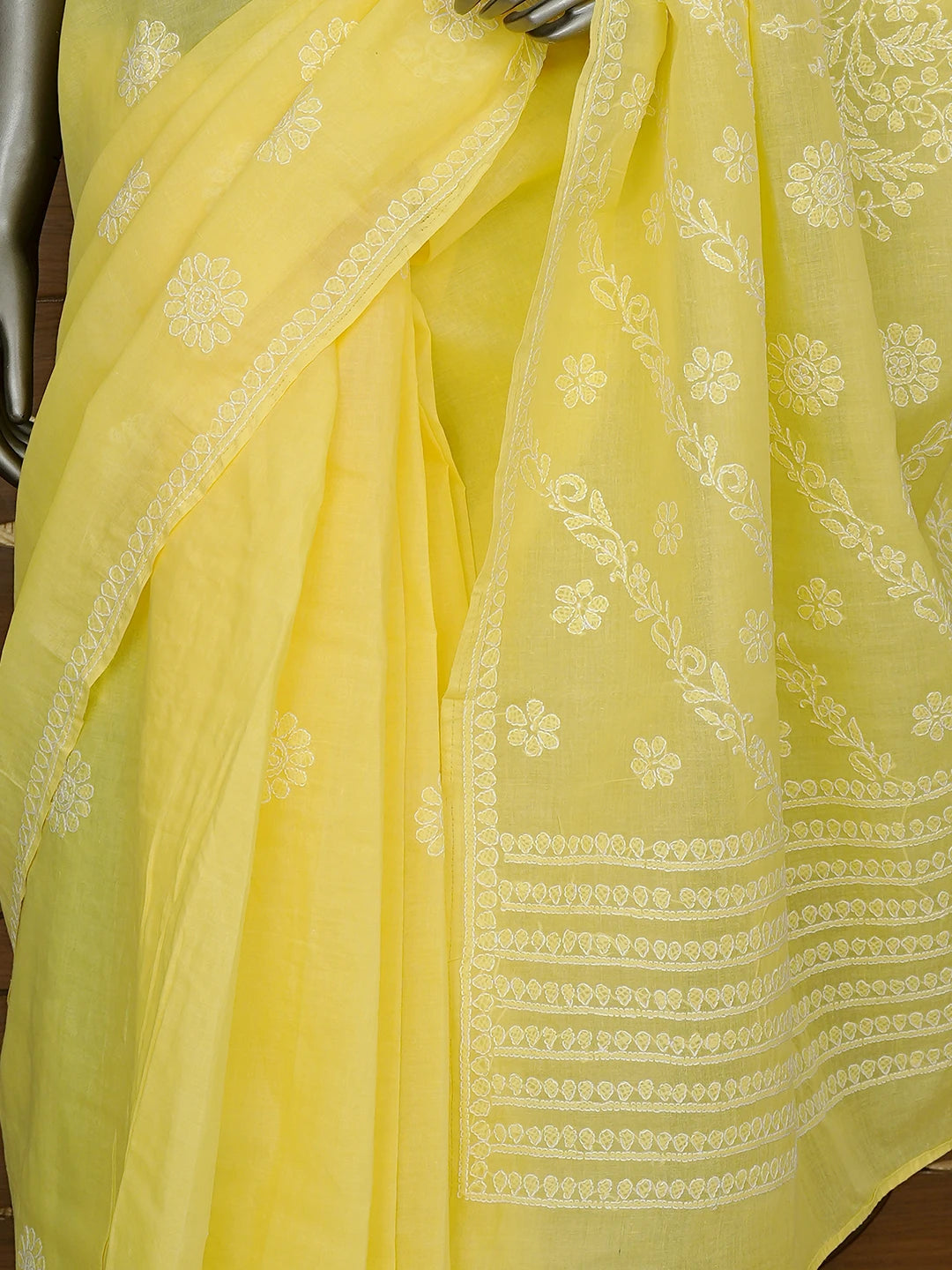 Ada Hand Embroidered Yellow Cotton Lucknowi Chikankari Saree and Blouse 01A866233