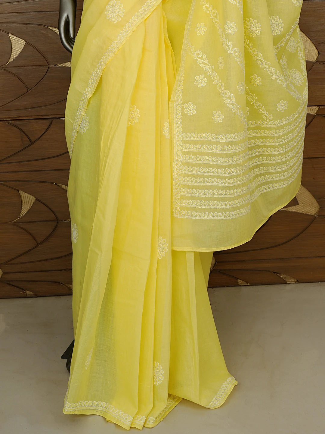 Ada Hand Embroidered Yellow Cotton Lucknowi Chikankari Saree and Blouse 01A866233
