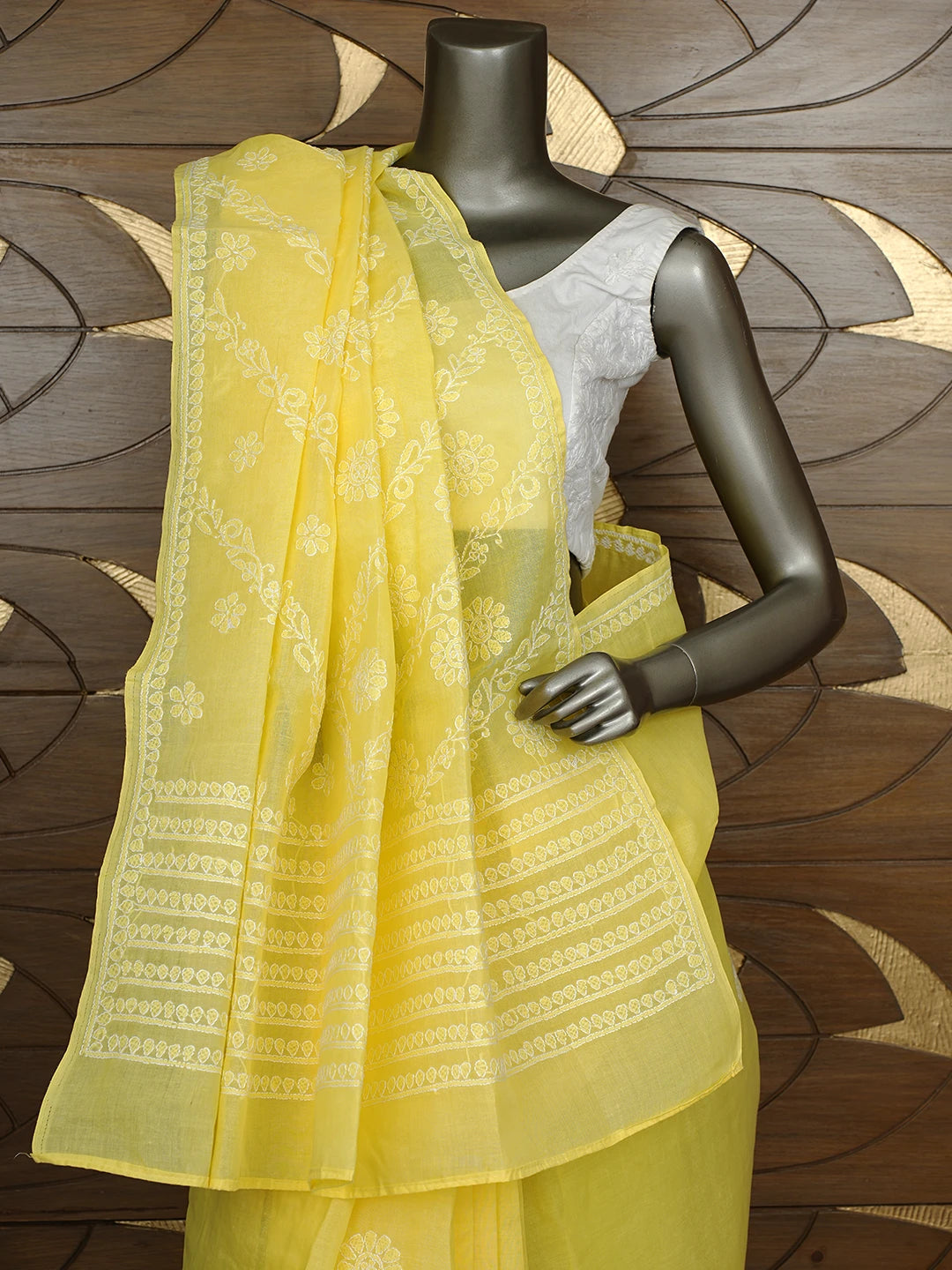 Ada Hand Embroidered Yellow Cotton Lucknowi Chikankari Saree and Blouse 01A866233